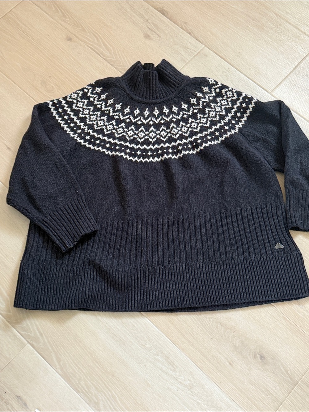Barbour Fair Isle Mock Neck Sweater Black White Wool Blend Size 12